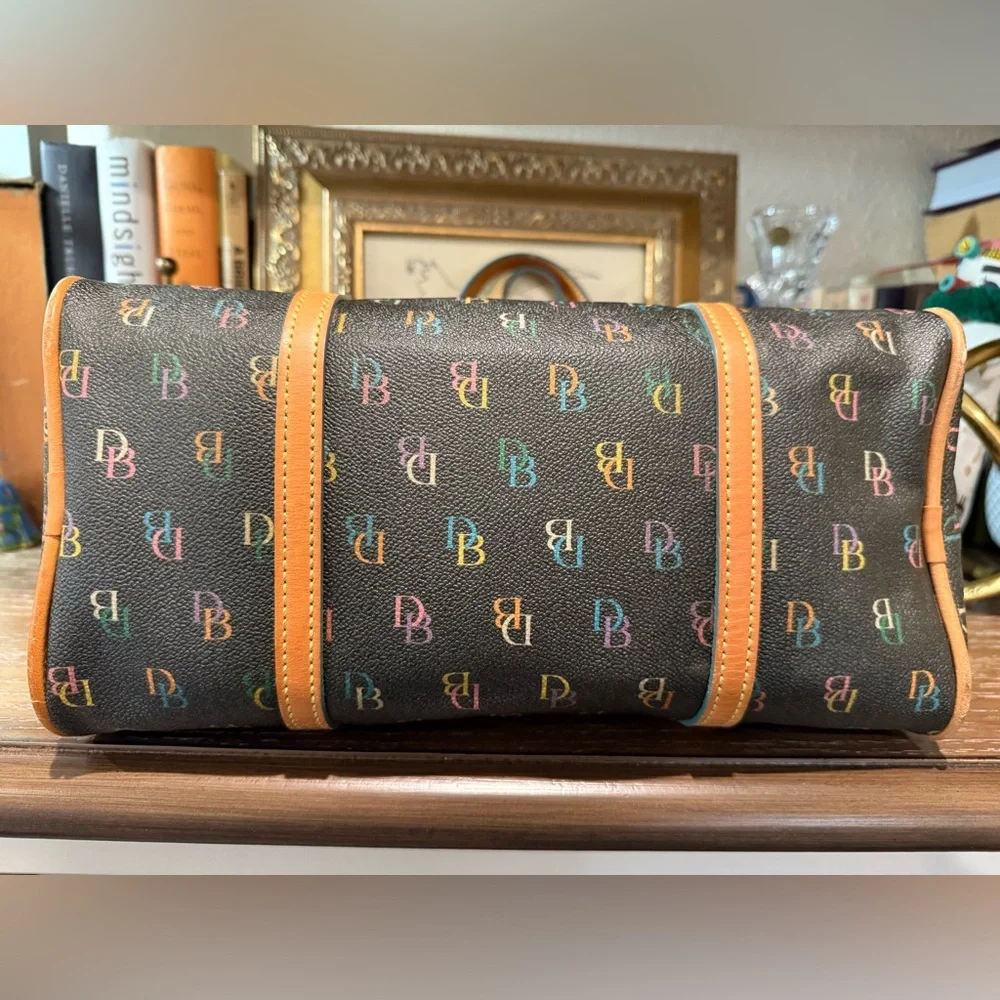 Dooney & Bourke Black Multicolor Logo Barrel Satchel with Tan Trim